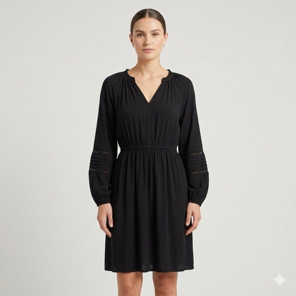 Knox Rose Dresses & Skirts - Knox Rose Womens Black Long Sleeve Boho Mini Dress Lace Pintuck Elastic Waist M